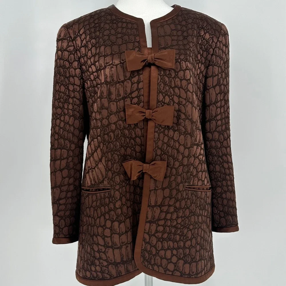 Vintage Louis Feraud Womens 14 Brown Crocodile Print Wool Silk Blazer Jacket